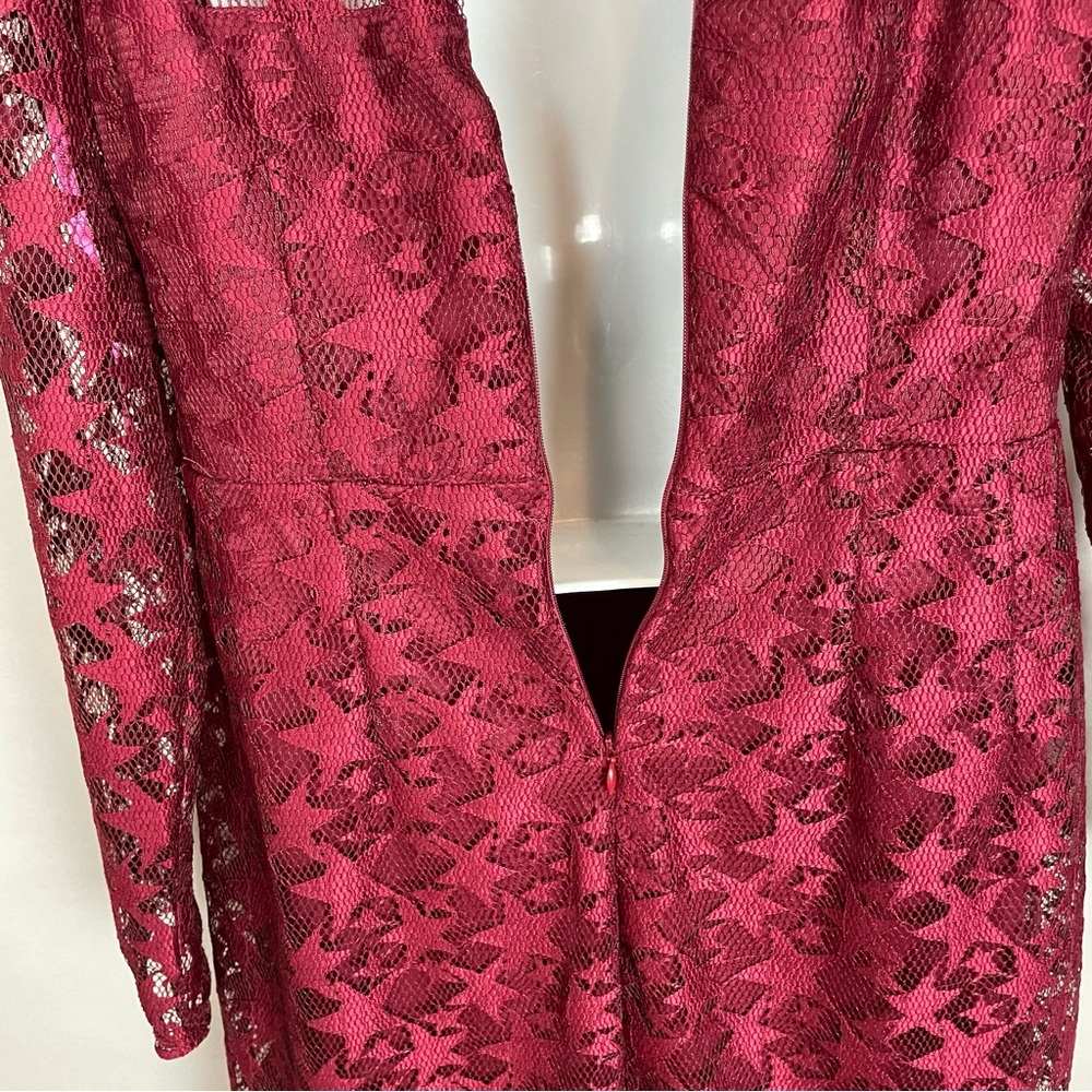 Betsey Johnson Dress Red Star Lace Sheath Illusion Long Sleeve Sheer Maroon 12 - Picture 12 of 14